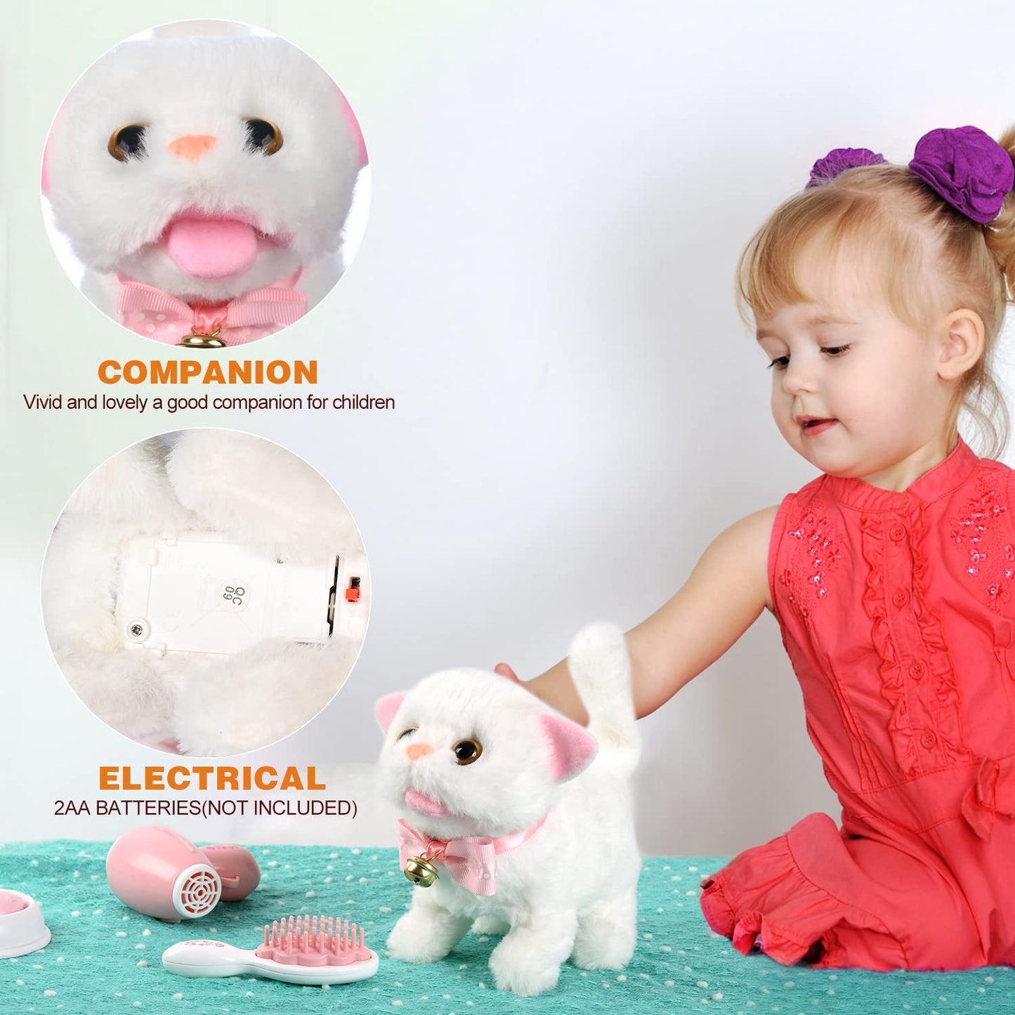 Worwoder Plush Electronic Interactive Cats That Move And Meow Walking Lifelike Interactive Toy Robot Kitten Pet Cute Stuffed Kitten For Girls Kids (White)