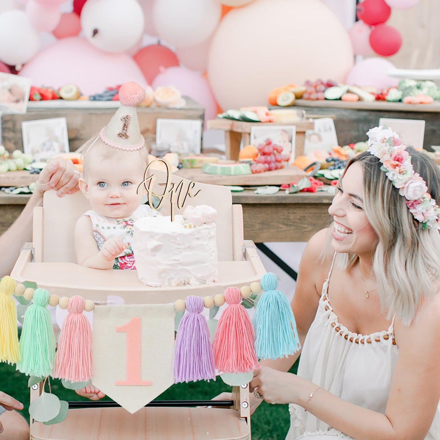 Handmade Boho Macaron High Chair Banner & Hat - Pink Decorations for Girls 1st Birthday - Crown & Cake Topper