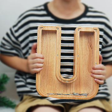 Piggy Bank For Kids Boys Girls, Large Personalized Wooden Letter Piggy Bank With Cut-Out Design, Alphabet Letter Coin Banks, Money Savings Box, Wooden Bank For Kids Creative Gift For Real-Money(U)