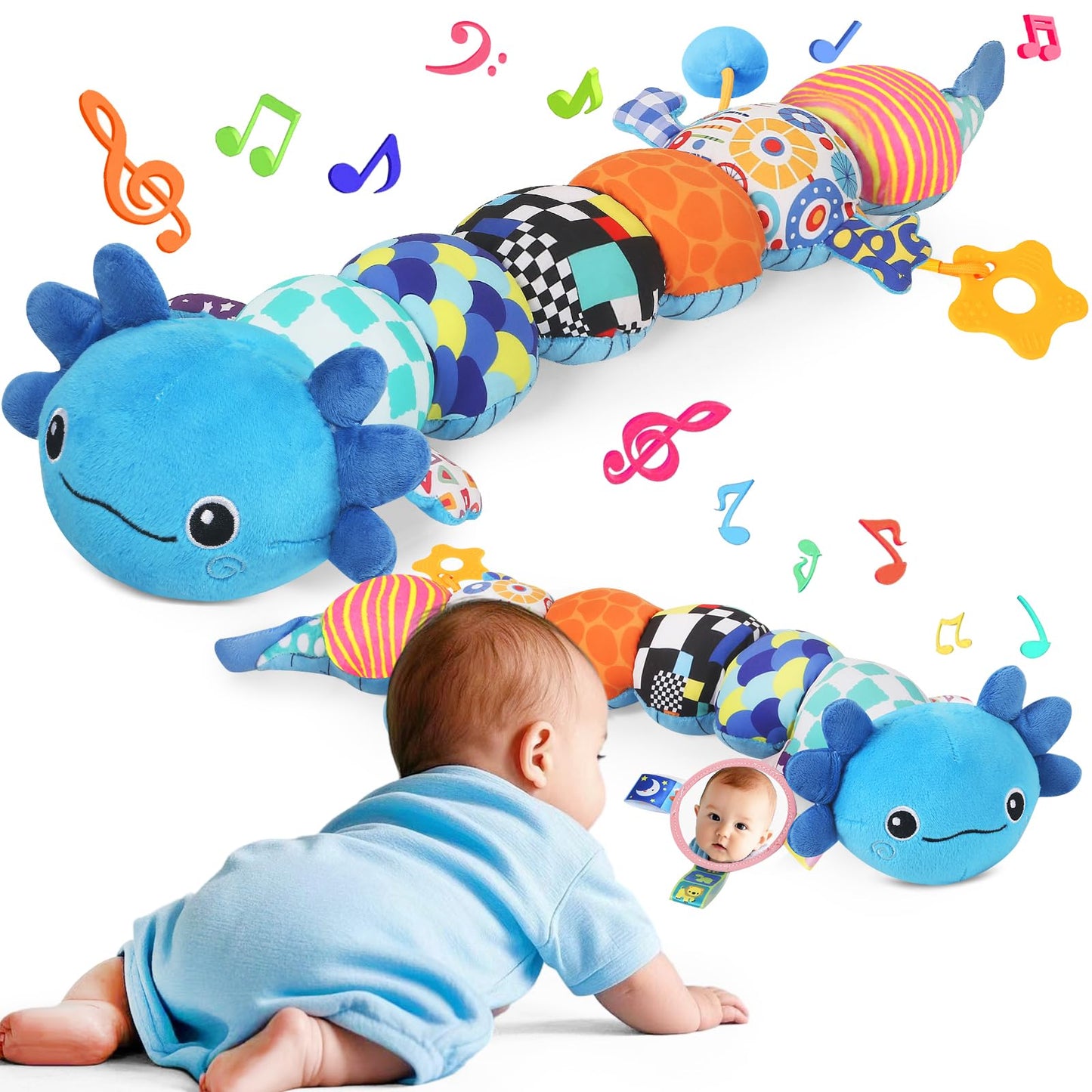 Baby Toys for 0-6 6-12 Months  Plush Axolotl Toy with Mirror Crinkle and Rattle for Infant Newborn Tummy Time Sensory Music Stuffed Animal Toy for 0-3-6-12 Month Baby Boys Girls Shower Gifts