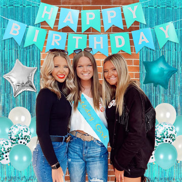 21St Birthday Decorations For Women Girls Her Teal - Happy Birthday Banner Cake Topper Birthday Girl Sash Number 21 Foil Balloon
