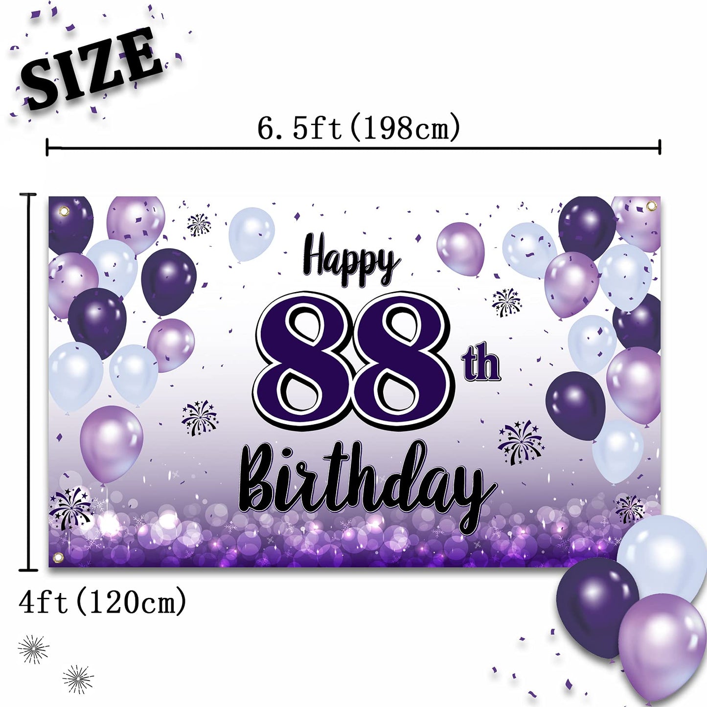 LASKYER Happy 88th Birthday Decorations,88th Purple Balloon Large Birthday Banner Backdrop Sign,88 Years Old Bday Party Supplies