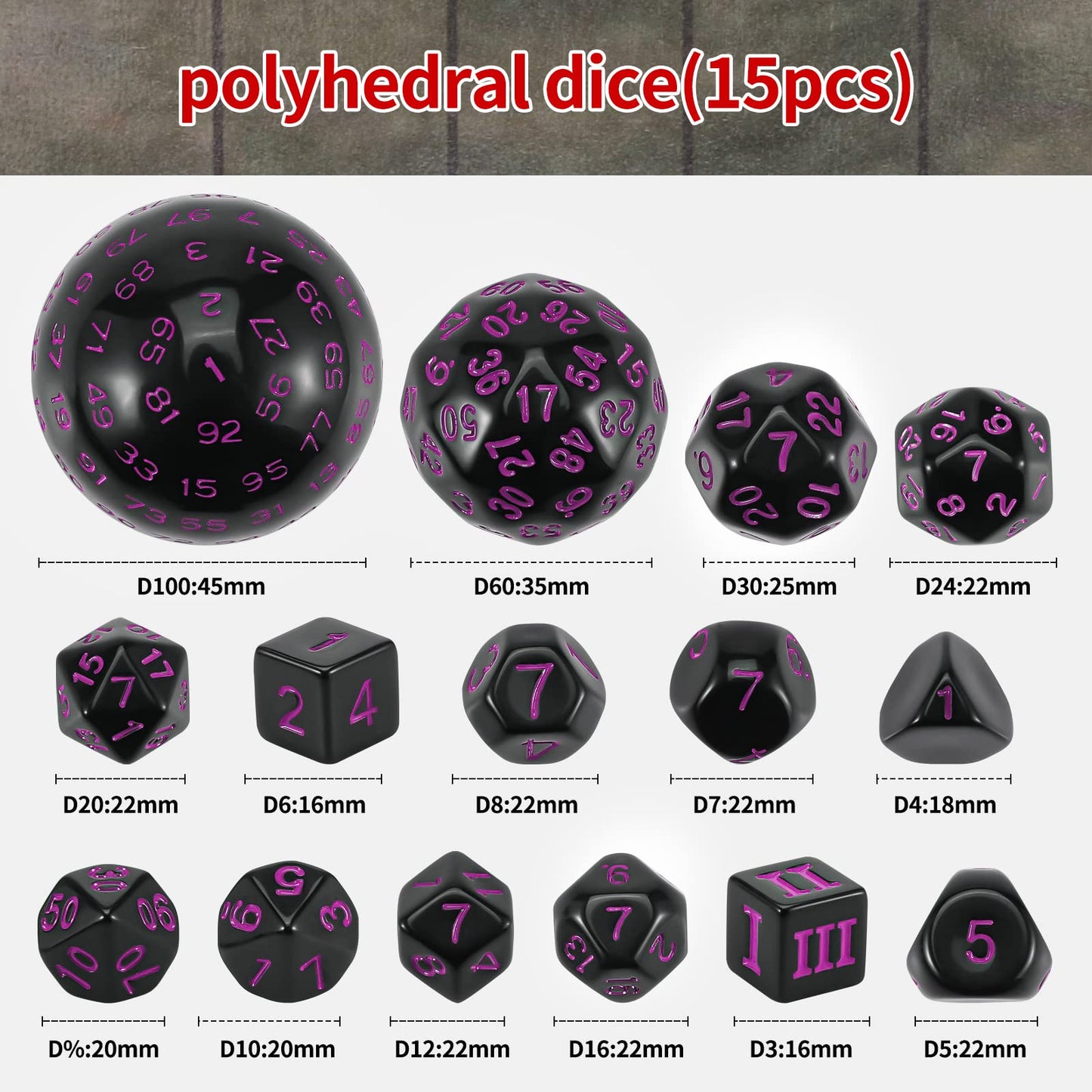 CiaraQ DND Polyhedral Dice Set (15pcs) D4-D100 Game Dice with Dice Bag for Dungeons and Dragons Role Playing Table Games (Black