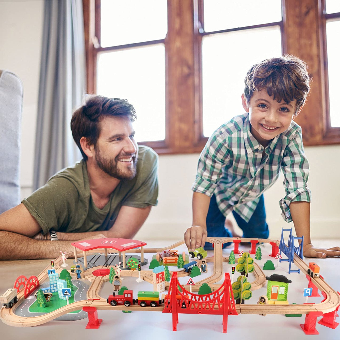 Qilay Wooden Train Set - 140 Pcs Deluxe Railway Kits for Kids - Premium Wood Construction Toy for 3-5 Year Olds - Natural Wood Color