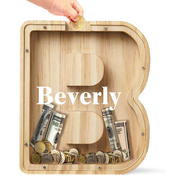Bemaystar Personalized Piggy Bank For Kids: Customized Name Letter, Wooden Money Bank For Boys & Girls, Birthday (B)