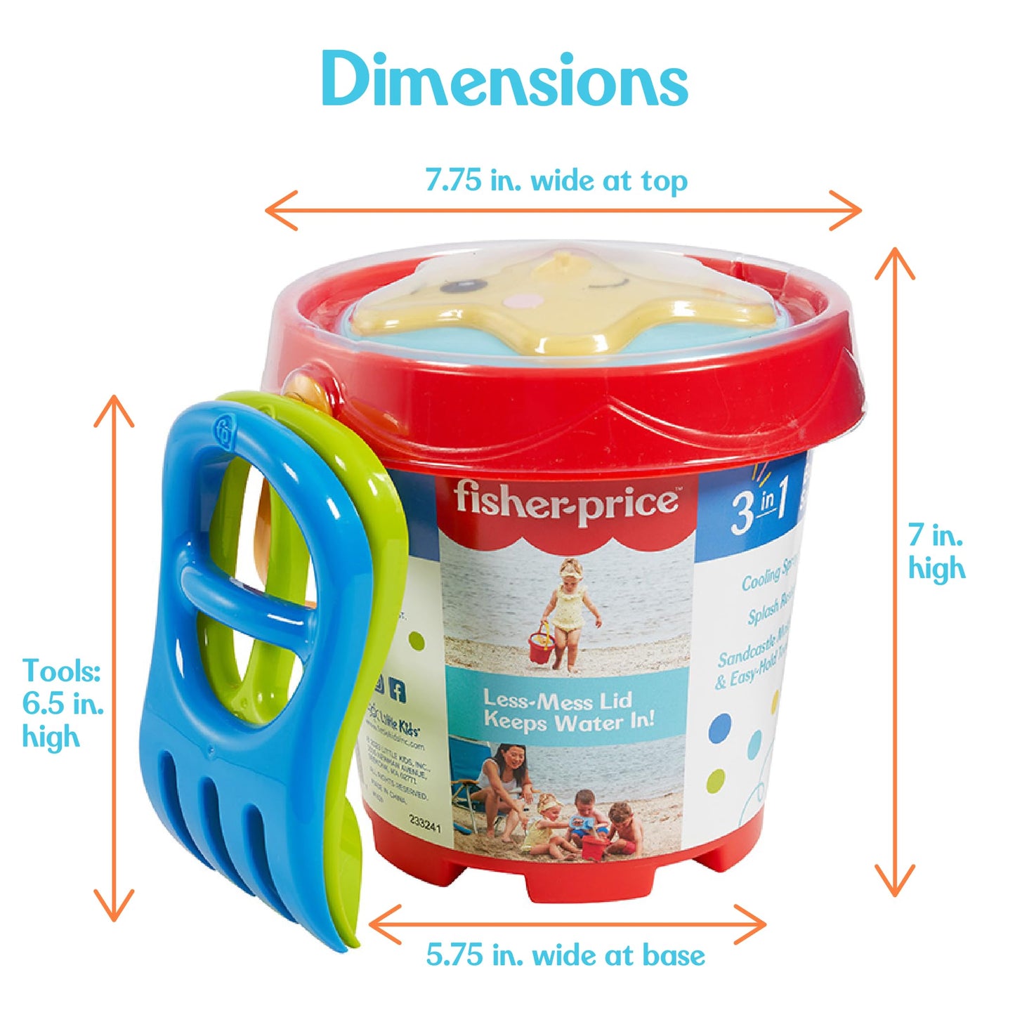 Fisher-Price Toddler 3-in-1 Beach Bucket, Portable Sprinkler and Sandcastle Mold | Water Toy and Sand Toys for Ages 18+ Months |