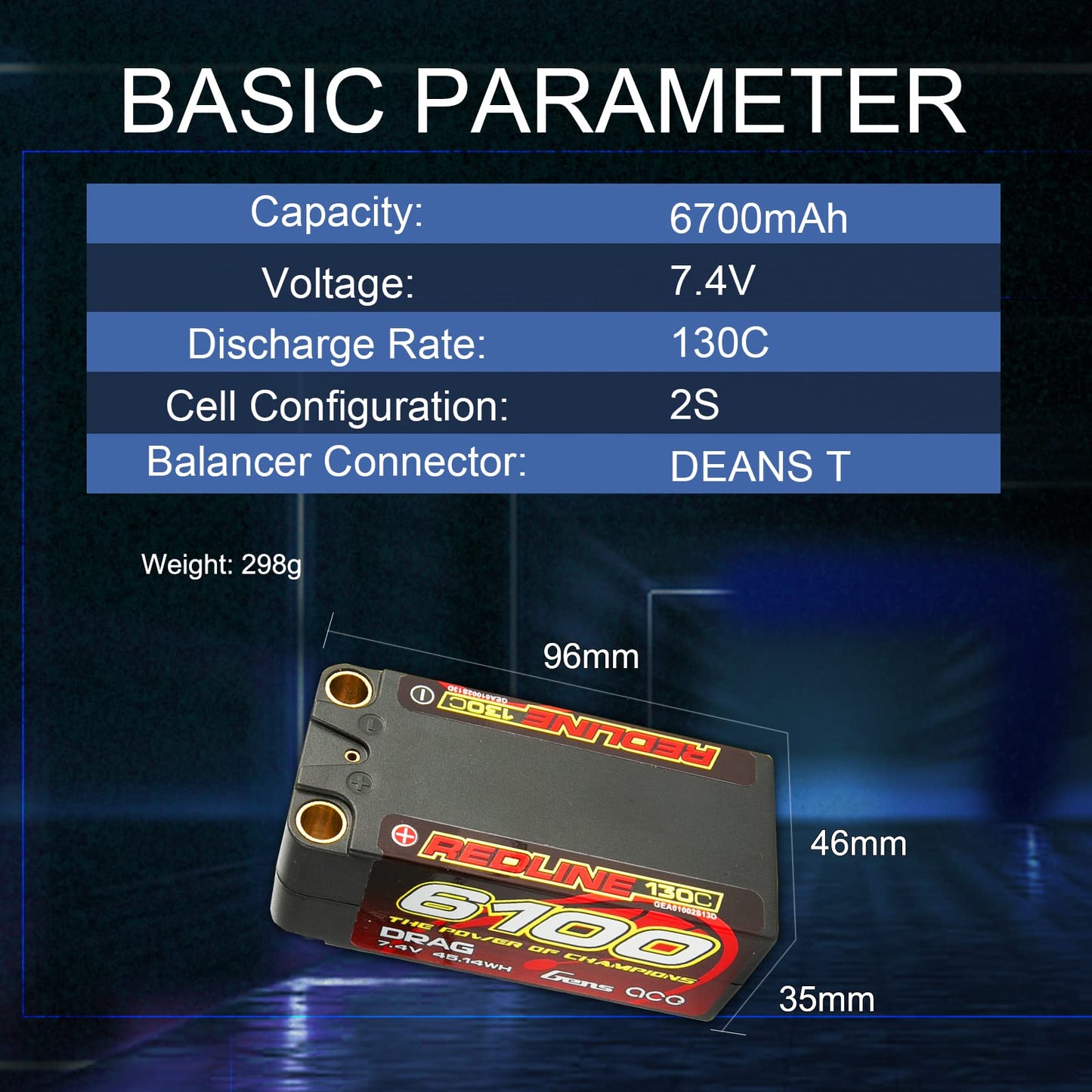 Gens ace Redline Drag racing Series 130C 6100mAh 7.4V 2S2P HardCase Shorty Lipo Battery