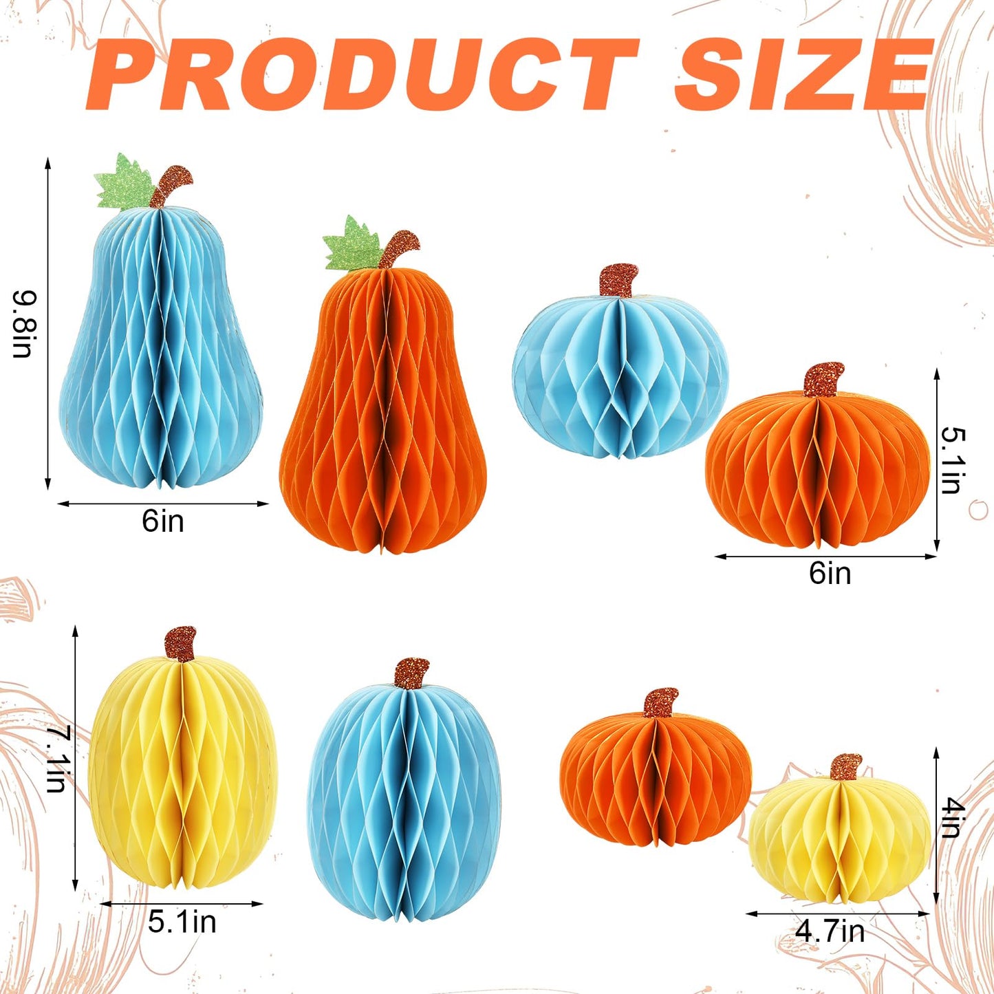 JarThenaAMCS 8Pcs Fall Pumpkin Honeycomb Centerpieces Beige Orange Blue Glitter Paper Honeycomb Ball Ornaments for Autumn Harves
