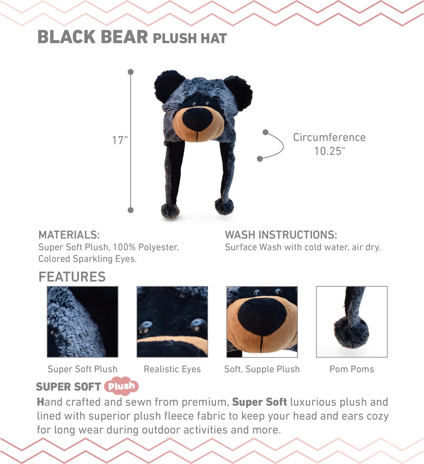 Puzzled Black Bear Plush Hat - One Size Costume Headwear With Ear Flaps, Funny Plush Party Crazy Hat, Stuffed Animal Hat, Cozy F
