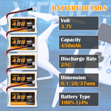 VICMILE 3.7V Lipo Battery 450mAh 25C RC Drone Batteries with 5-in-1 Charger Molex Plug Compatible with Most SYMA and Holystone R