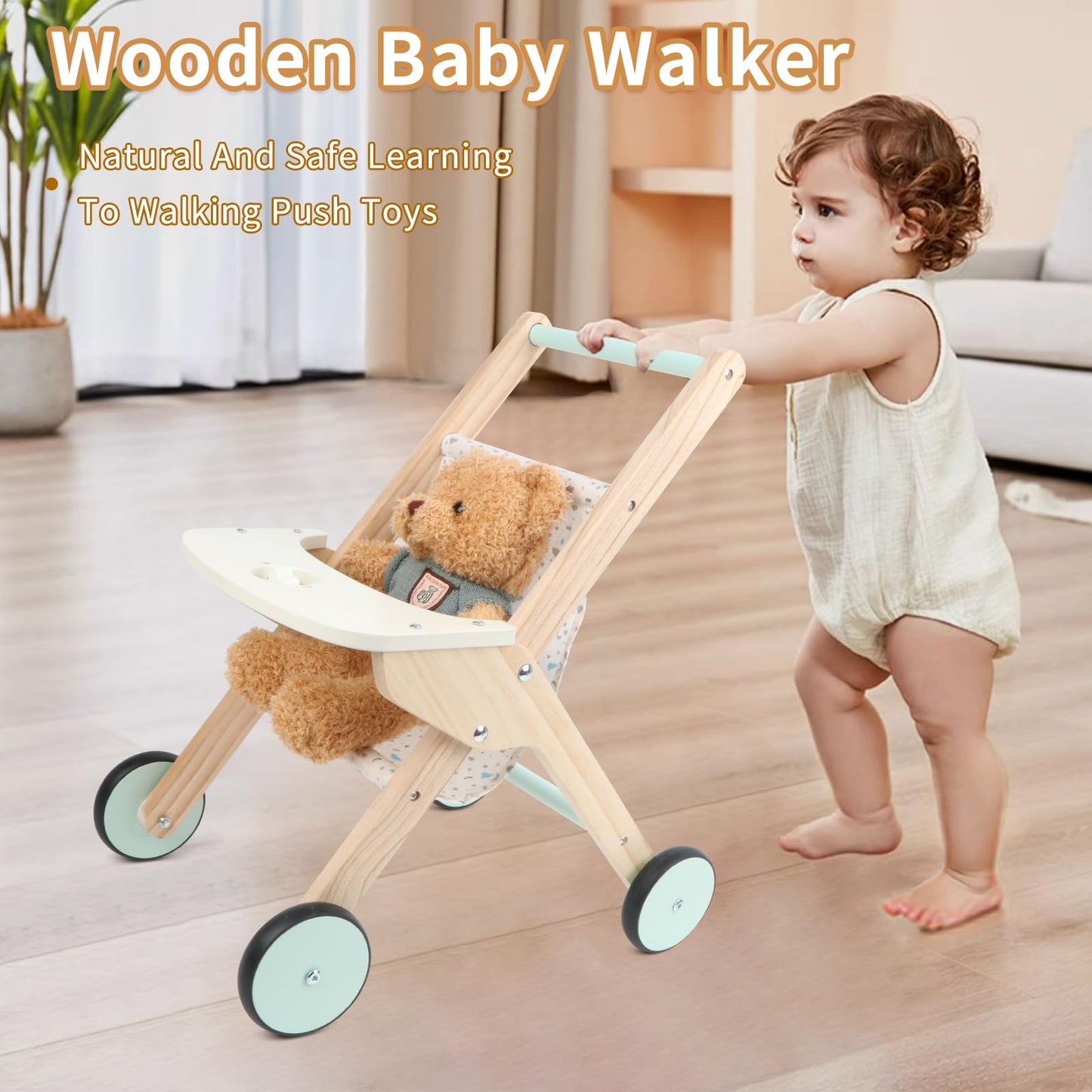 Canuan Wooden Baby Walker Doll Stroller, Baby Push Walker, Shopping Cart Learning Walk For Boys And Girls, Wood Push Toys For Toddler Learning To Walk