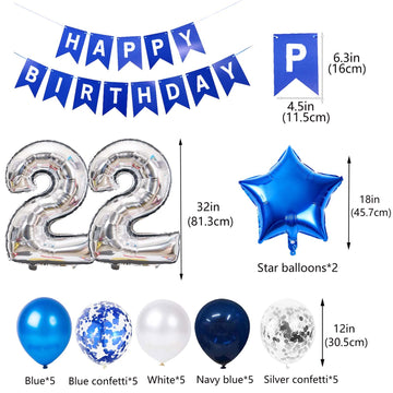 22Nd Birthday Party Decoration Blue For Him, Happy Birthday Banner Blue Number 22 Birthday Star Foil Balloons Latex Confetti Bal