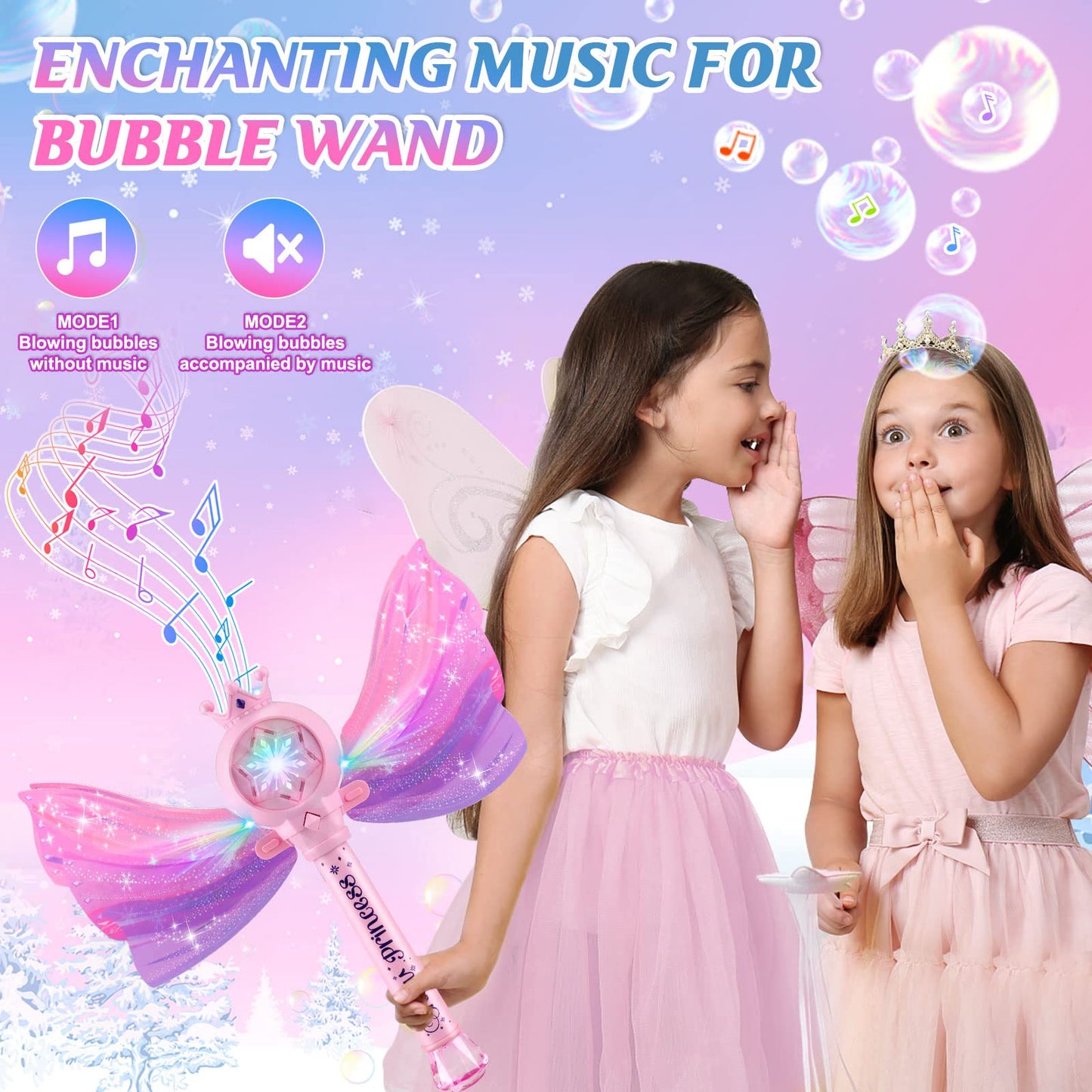 Britik Bubble Wands For Kids Girls - Led Light & Music Bubble Machine: 3 Aa Batteries & 2 Bubble Solutions, Outdoor Party Birthd