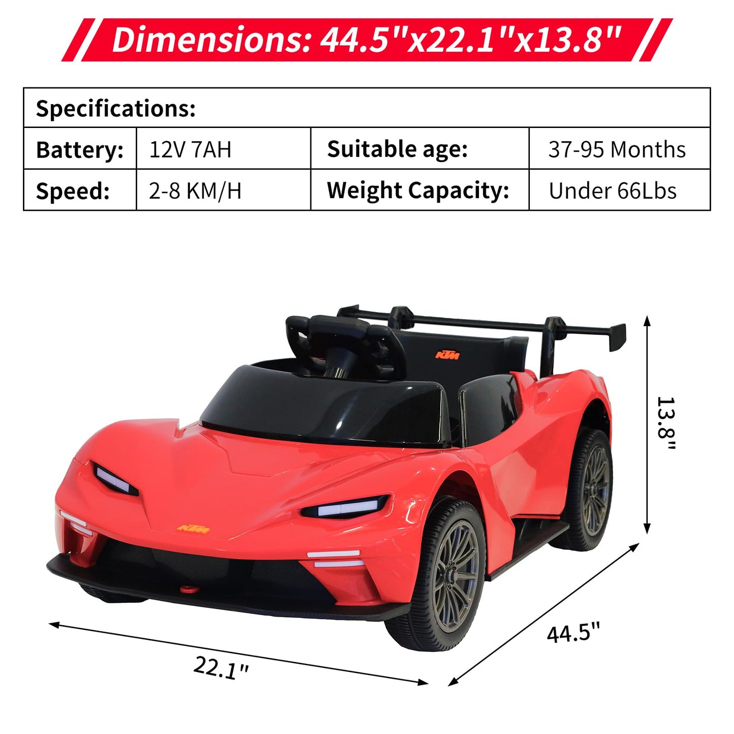 Kids Ride On Car, Licensed Ktm 12V Electric Sports Car With Remote Control, Battery Powered Sports Car, Sound System, Scissor Do