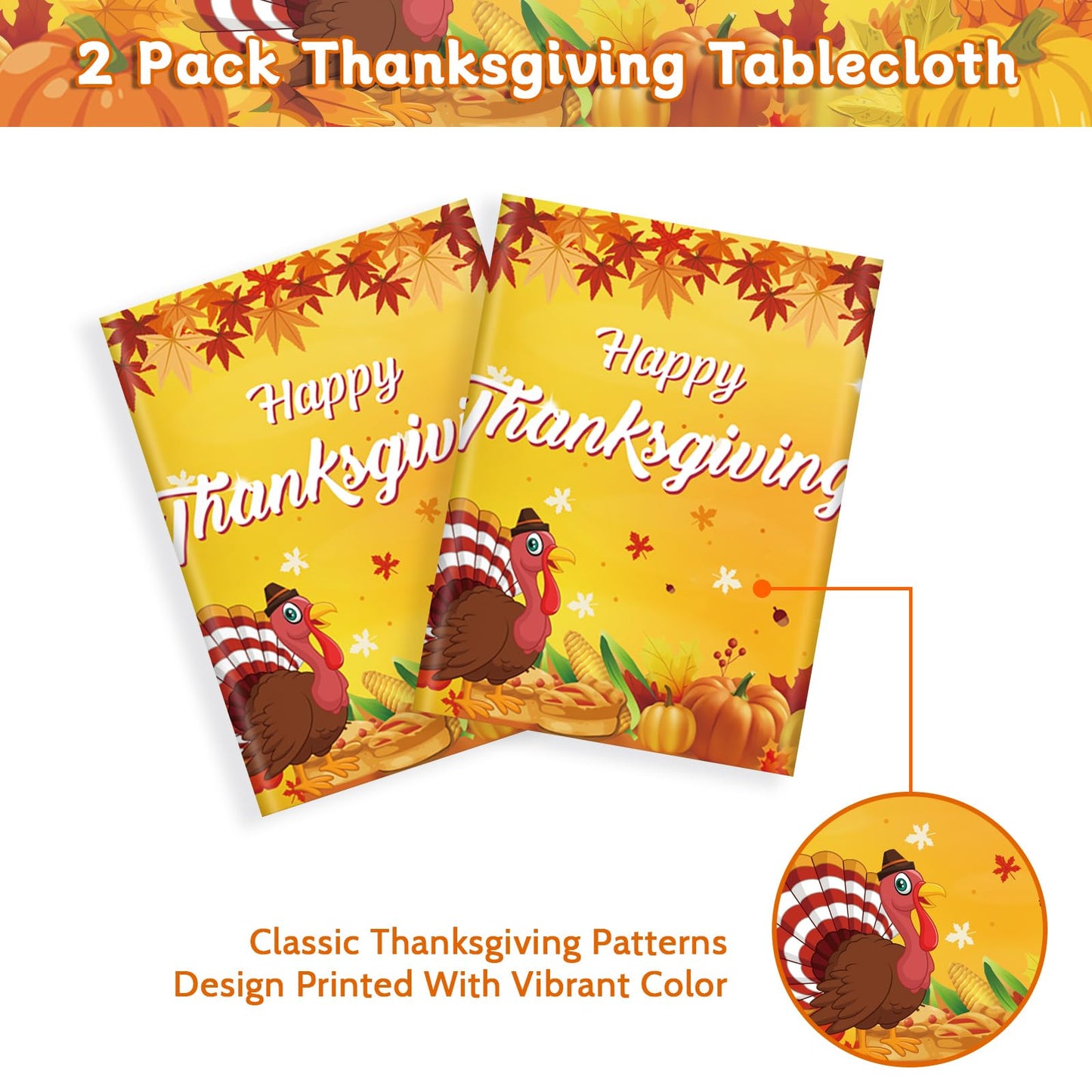 2 Pcs Happy Thanksgiving Tablecloth Disposable - Fall Turkey Tablecloths, Rectangle Pumpkin Maple Leaf Plastic Table Cover for T