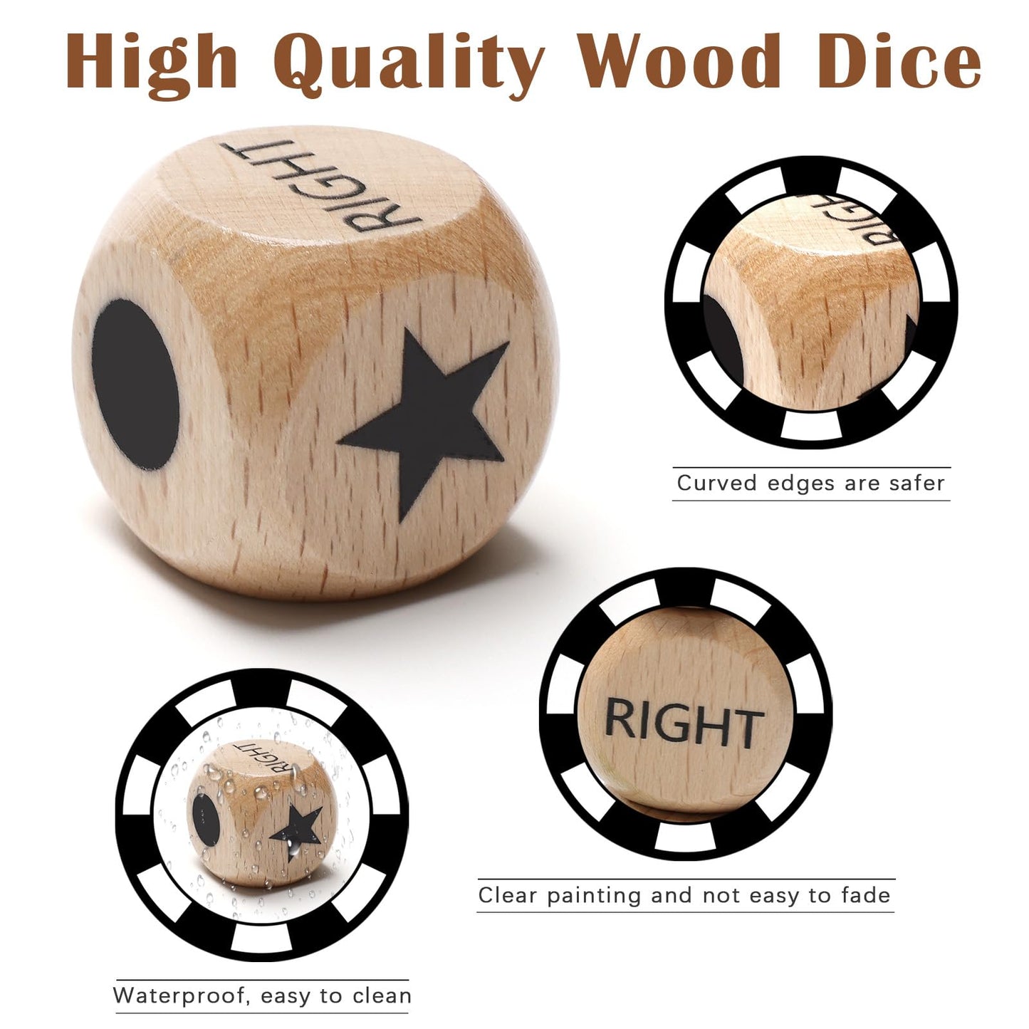 3+48 Pcs Left Right And Center Game Dice, Luxiv 3Pcs Wood Left Right And Center Game Dice With 48Pcs 4 Color Chips, Storage Box