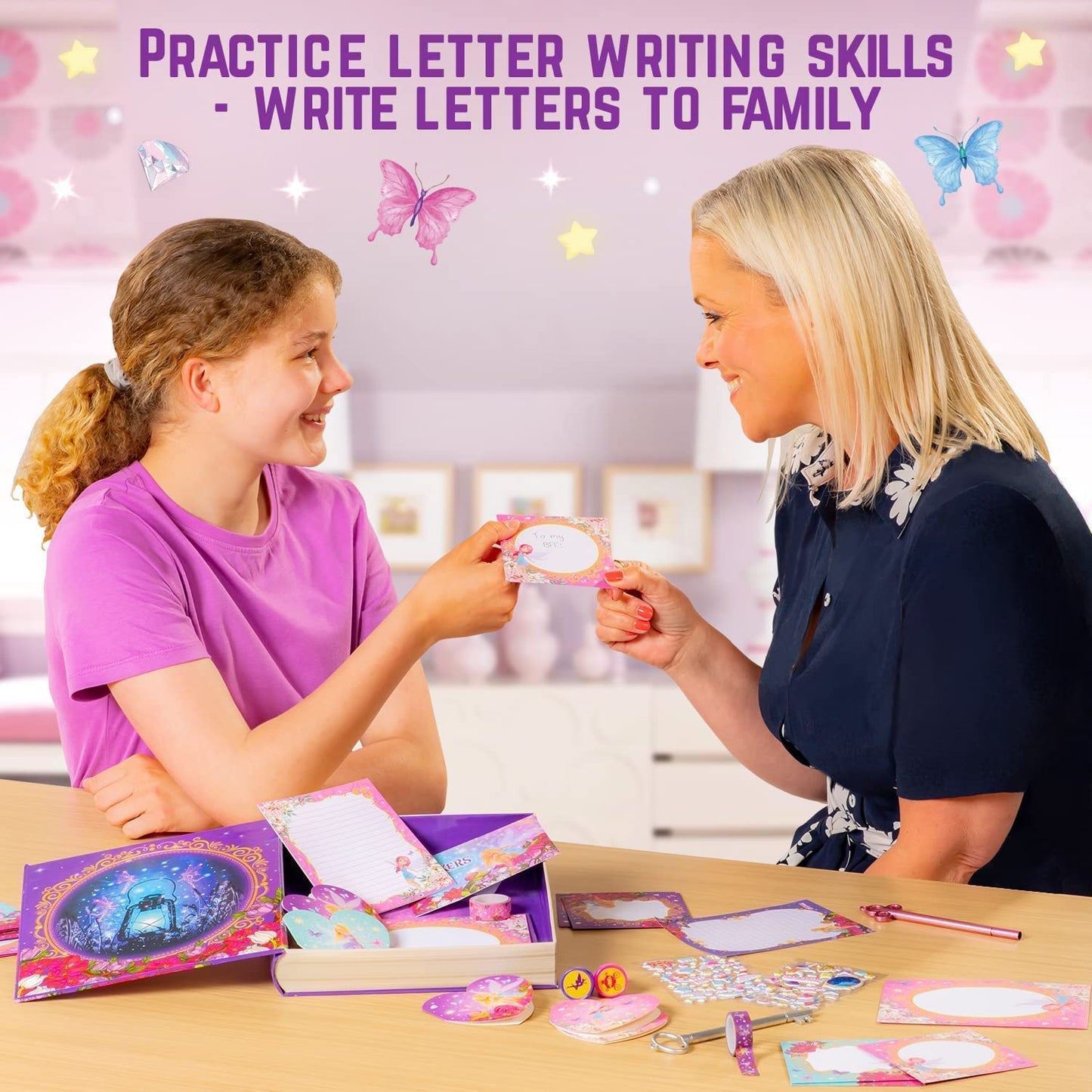 Girlzone Fairytale Writing Set, 45-Piece Fairy Stationery Kit With Paper Sheets, Cards, Stickers And Stampers In A Storybook Box, Magical Gift Idea, Perfect For Valentine And Easter Gifts