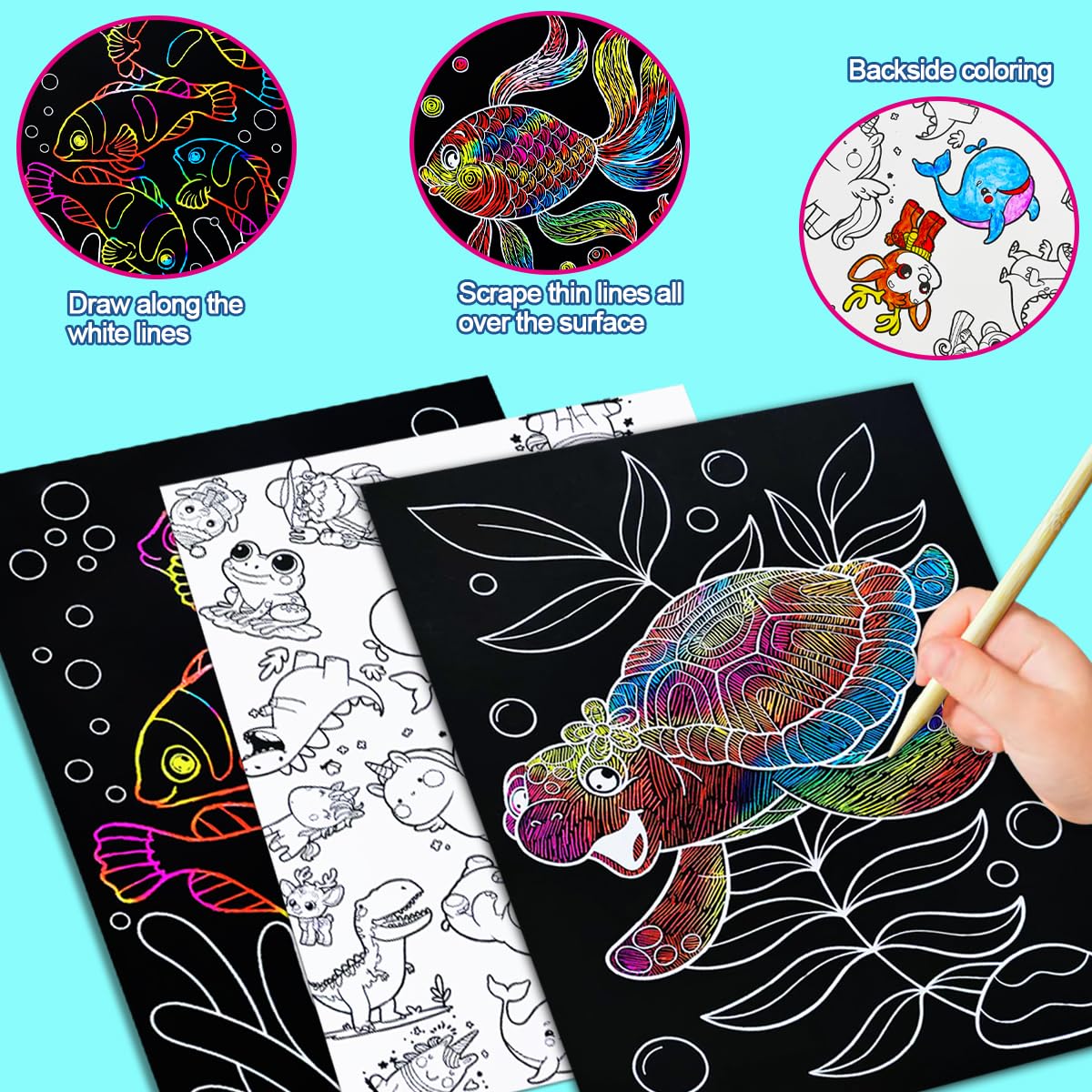 JUNQIU Scratch Art for Kids, Rainbow Scratch Paper Art Set - Ocean, Arts and Crafts for Kids Ages 4-8 Girls Boys, Kids Activity