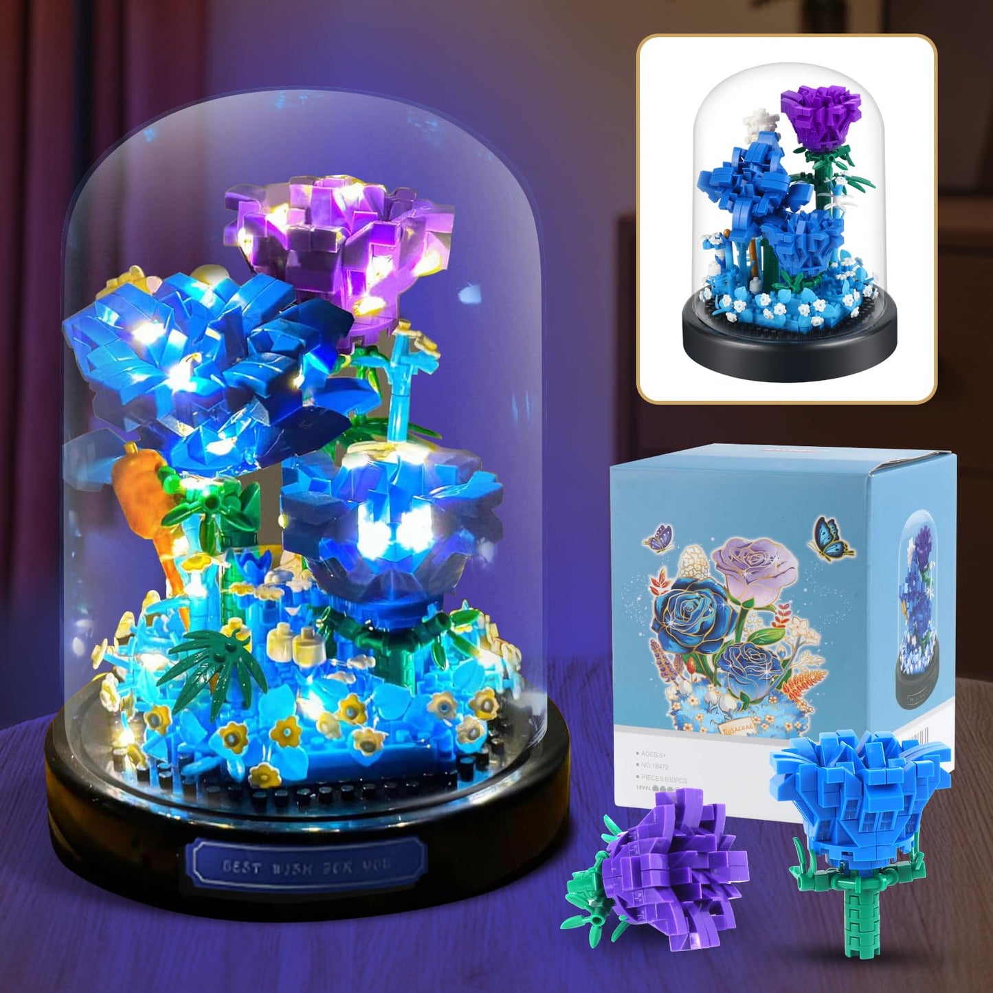 ZQJKLE Blue Rose Bouquet Building Set with LED Light, 630 Pcs, Perfect Gift for Mother's Day, Valentine's, Birthday, Christmas