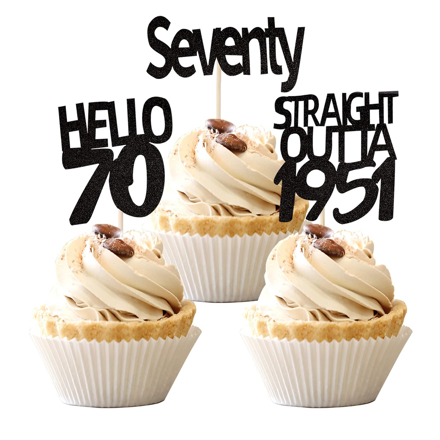 Festiko36 Pcs Black 70Th Birthday Cupcake Toppers Glitter Seventy Hello 70 Straight Outta 1951 Cupcake Picks 70Th Birthday Anniv