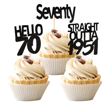 Festiko36 Pcs Black 70Th Birthday Cupcake Toppers Glitter Seventy Hello 70 Straight Outta 1951 Cupcake Picks 70Th Birthday Anniv