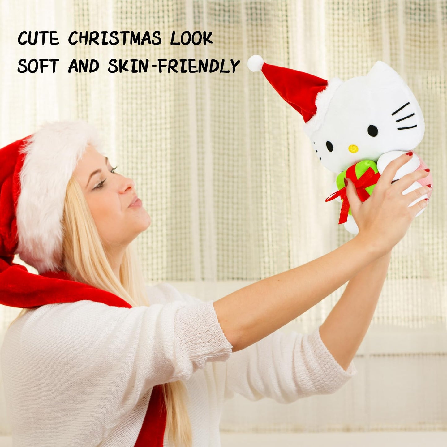 Ahlsense 8-Inch Christmas Cat Plush With Santa Hat And Gift, Soft And Adorable Holiday Stuffed Animal For Kids, Boys, And Girls | Perfect Christmas Decoration And Gift (White)