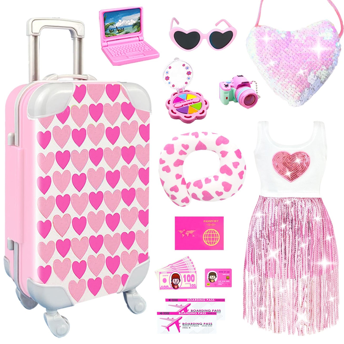 20Pcs 18 Inch Girl Doll Accessories Case Luggage Travel Play Set With Clothes, Bag, Travel Pillow, Glasses, Computer, Pretend Makeup Toy, Stuff For 18 Inch Doll - Christmas Birthday Gift