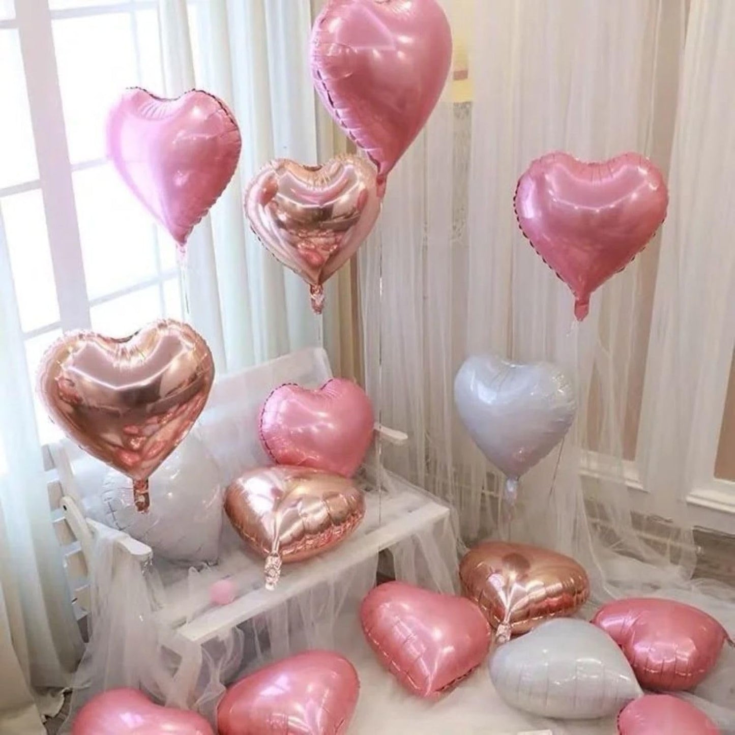12 Pcs Heart Balloons, 18 inch Rose Gold and Pink Heart Shaped Balloons, Big Heart Helium Balloons, Heart Foil Balloons for Wedd