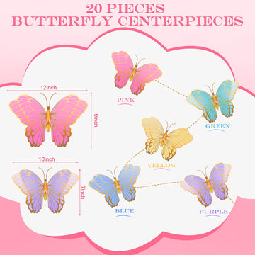 Wettarn 20 Pcs Butterfly Centerpieces For Tables Butterfly Party Decorations 3D Golden Butterfly Table Toppers Centerpiece For Girl Party Birthday Baby Shower (Mix Color,12 X 9 In,10 X 7 In)