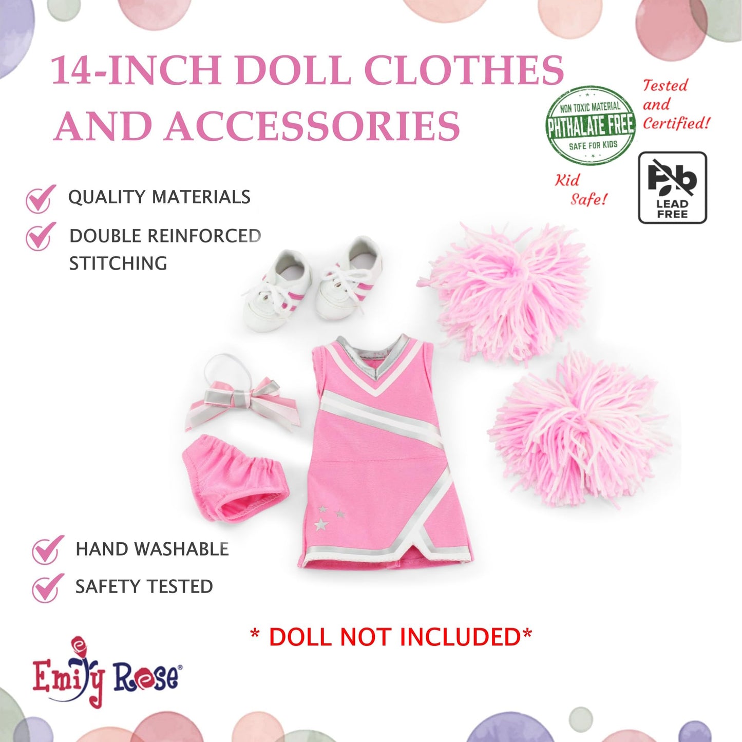 Emily Rose 14 Inch Doll Clothes | Pink 14'' Doll Cheer Cheerleader Outfit, Includes Pom-Poms, Bloomers, Hair Tie And Shoes | Fit