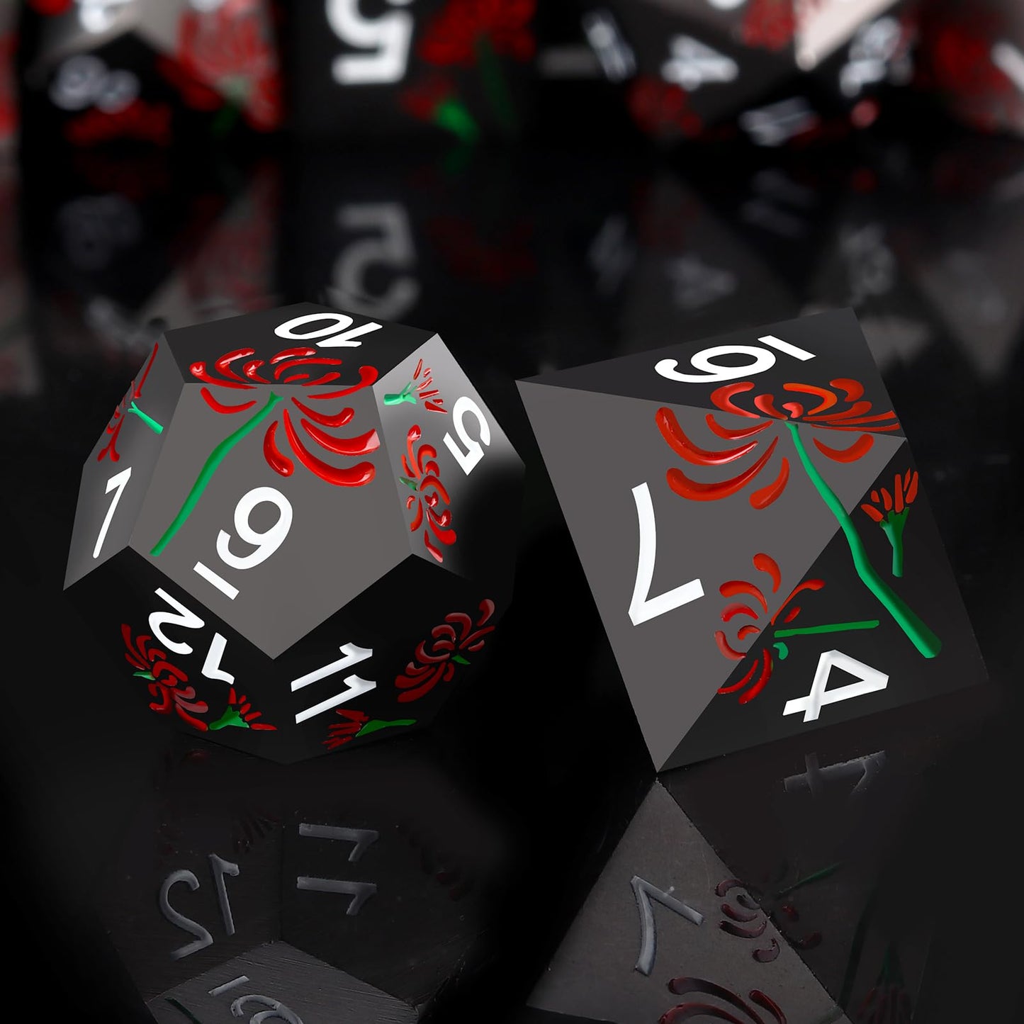 Haxtec Metal DND Dice Set Red Spider Lily Flower DND Dice for D&D Dungeons and Dragons Gift TTRPG Metal Dice with Leather Dice B