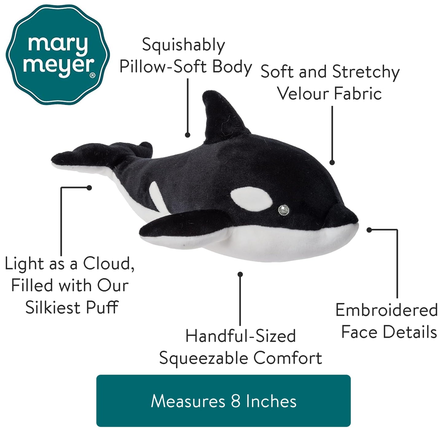 Mary Meyer Stuffed Animal Smootheez Pillow-Soft Toy, 8-Inches, Orca Whale