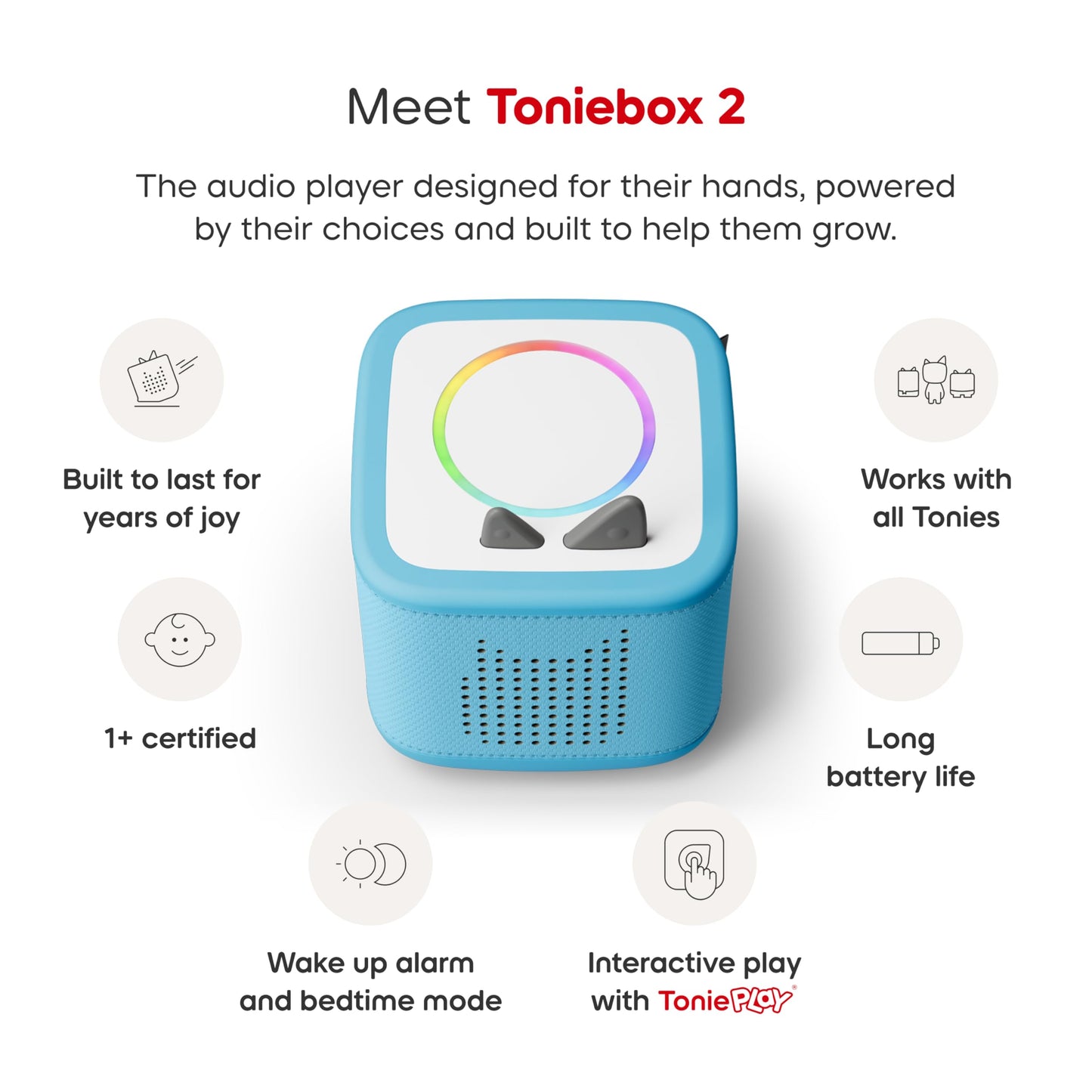 Toniebox 2 Audio Player Bundle for Kids 3+ with Lalalinos Akio, Cosmo, Scout Figurines and Tonieplay Game & Controller - Sky Blu