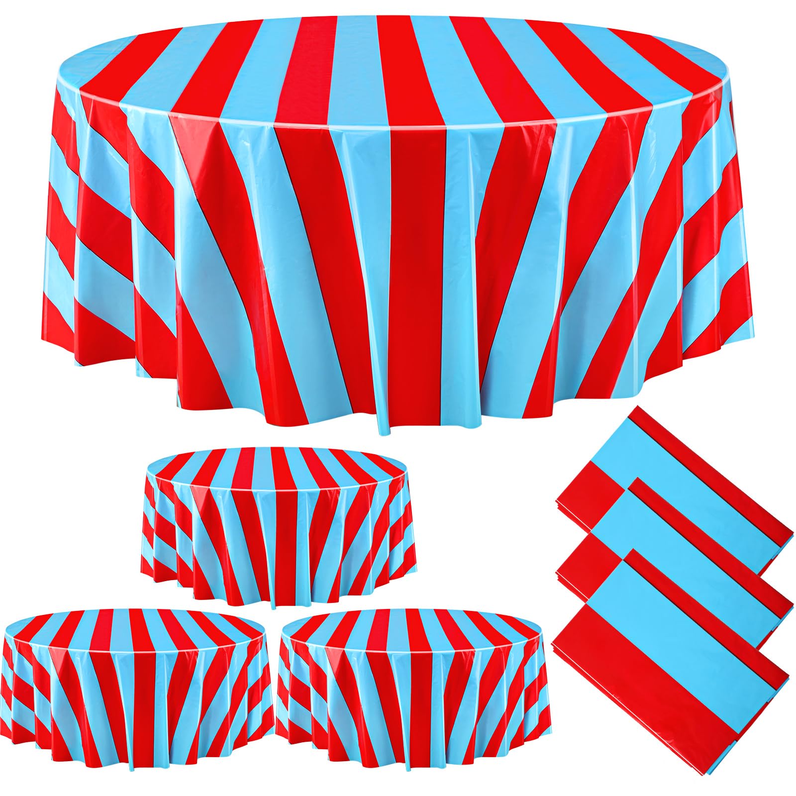 Tatuo 3 Pcs Red and Blue Round Circus Table Cloth 84 Inch Carnival Circus Tablecloths Striped Disposable Plastic Table Cover for