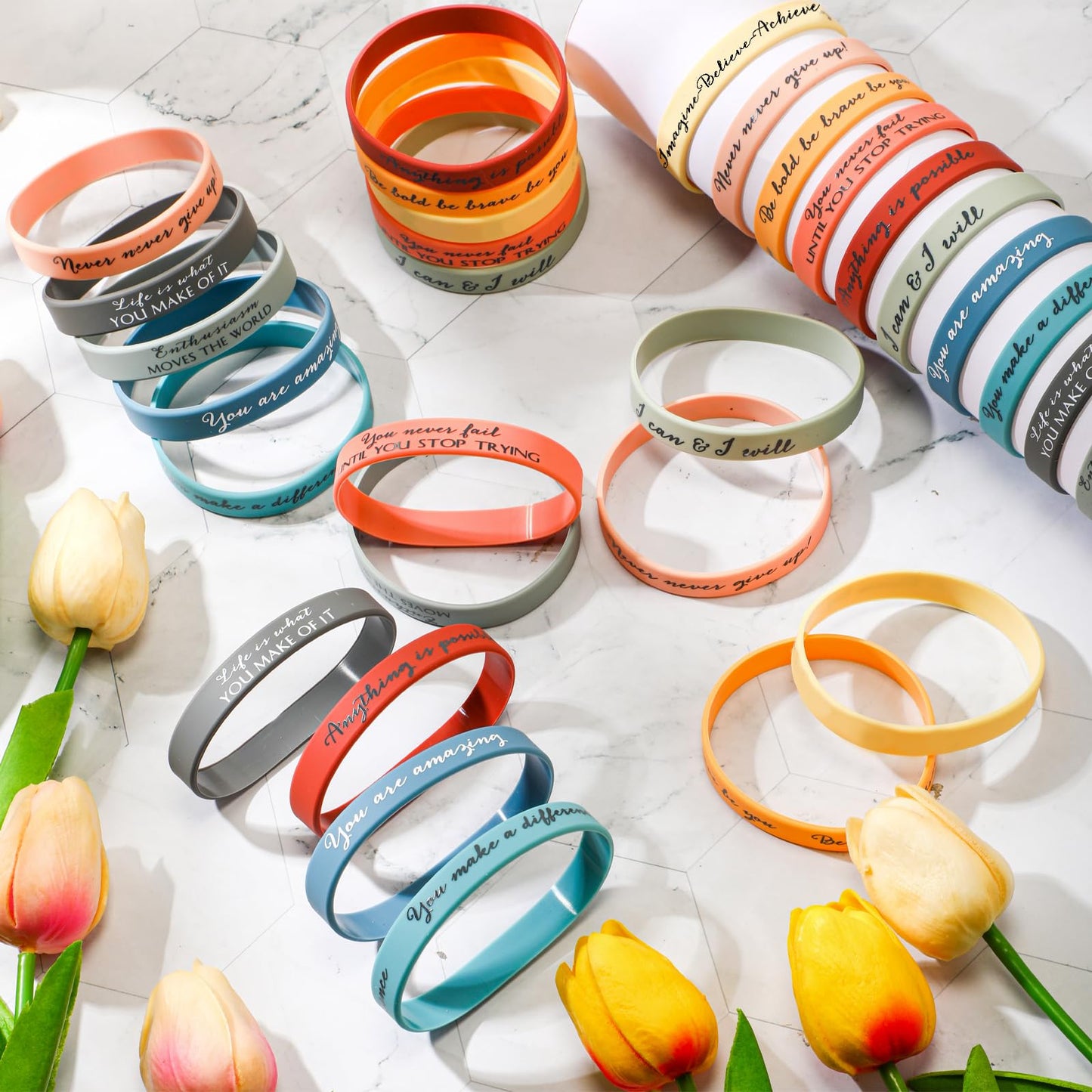 Sieral 50 Pcs Inspirational Wristbands Motivational Rubber Bracelets Thank You Gifts Bulk for Students Women Men Stretch Quote S