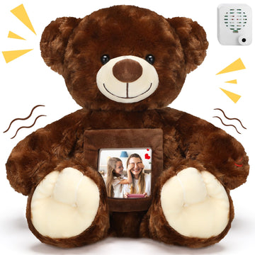 Leyndo Bear With Voice Recording Remembrance Stuffed Animal With Picture Recordable Messages Memorial Toy For Baby Shower Birthday Gift, Recording Gifts(Dark Brown, 18 Inch)