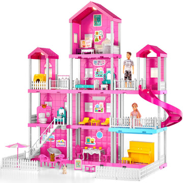 Temi Dream House Doll House With 2 Doll Toy Figures, 4-Story 10 Rooms Dollhouse With Accessories And Furniture, Toddler Playhouse Gift For Kids Ages 3 Toys For 3 4 5 6 Year Old Girls