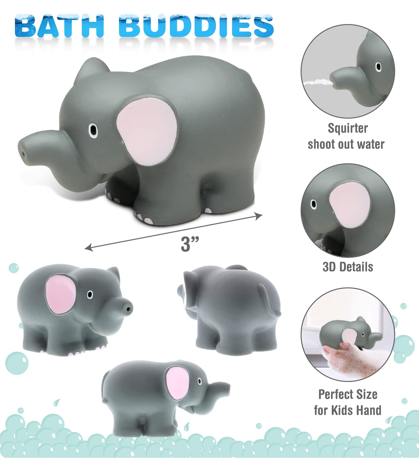 DolliBu Elephant Bath Buddy - Floating Rubber Squirter Toy for Toddlers, 3 Inch, Fun Bathtime Play, Ideal for Beach & Pool