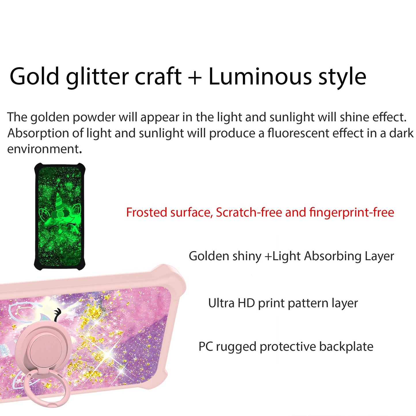 Cricket Icon 5 Phone Case Compatible With At&T Motivate 4 Phone Case Cover [With Tempered Glass Screen Protector][Pc + Tpu 2 In 1][Ring Support] [Gold Glitter+Luminous] Jsf-Djs