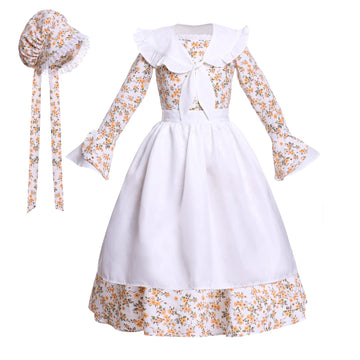 Mikan Tsumiki Colonial Costume Girls Pioneer Dress Prairie Dresses Girl Floral Pilgrim Outfit With Sailor Collar, Beige, Medium