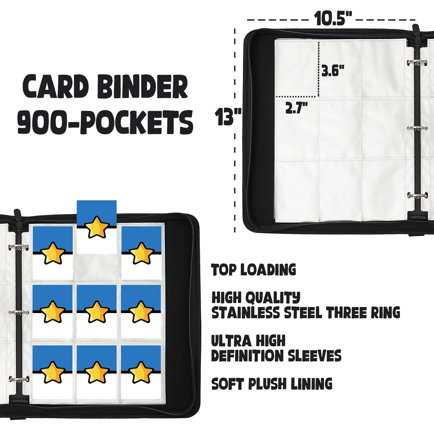 Trading Card Binder 9 Pocket Pages Top Loading 900 Card Storage 3 Ring Design With Zipper Boy's Gift (Blue  900 cards)