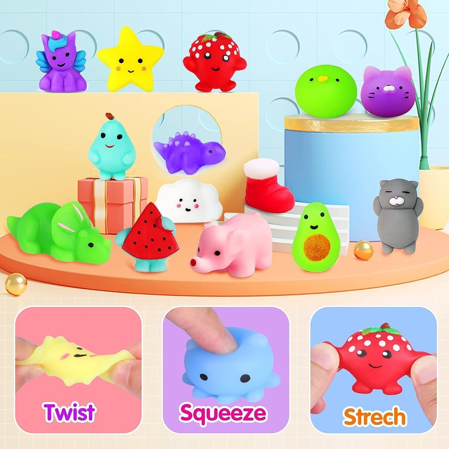 100Pcs Mochi Squishy Toys, Kawaii Squishies Fidget Toys Pack - Stress Relief Toys Party Bags Fillers For Box Toys For Classroom