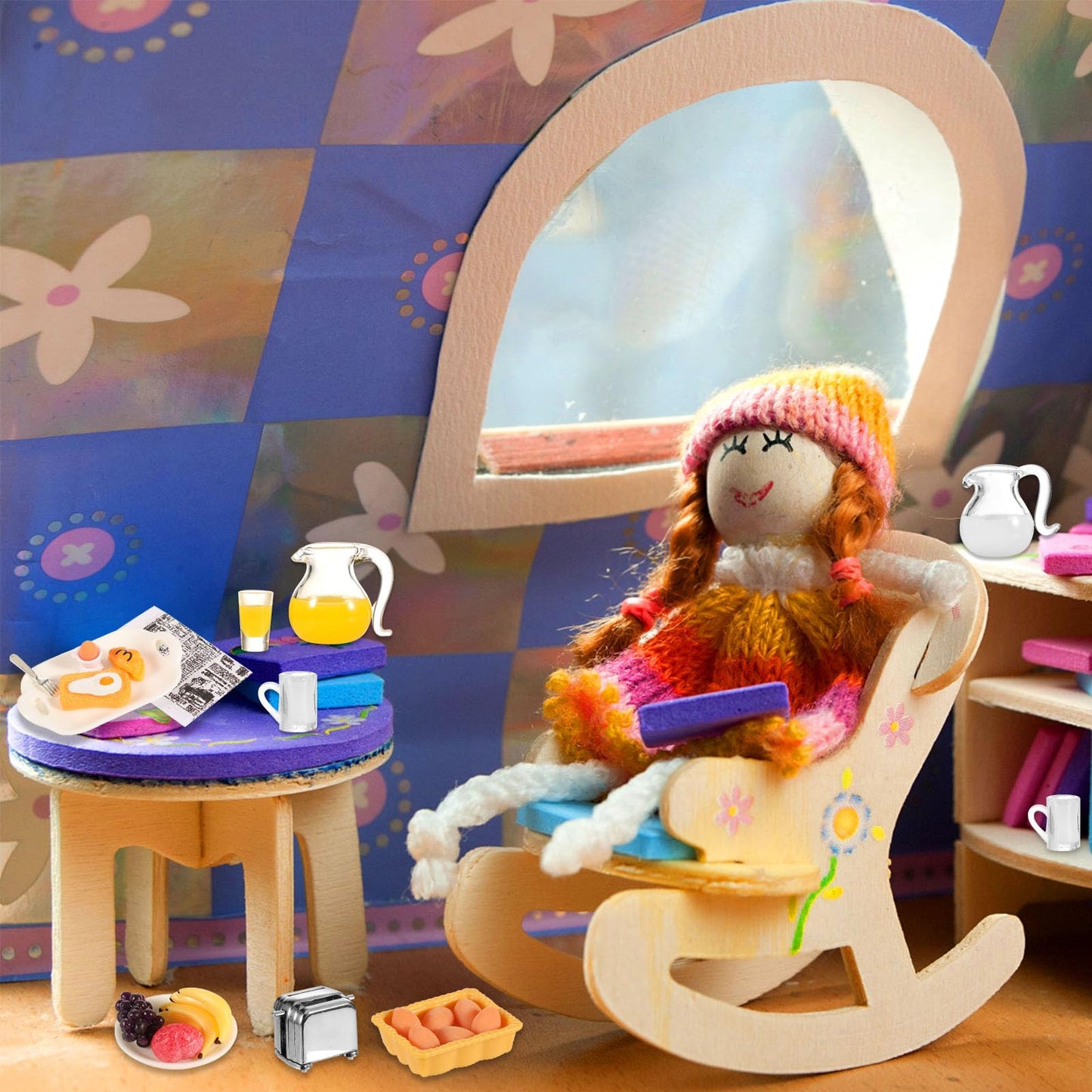 Simarro Miniature Dollhouse Breakfast Accessories, 46 Pcs 1:12 Scale Mini Toast Machine Bread Milk Eggs Cups Fruits Plates Fork