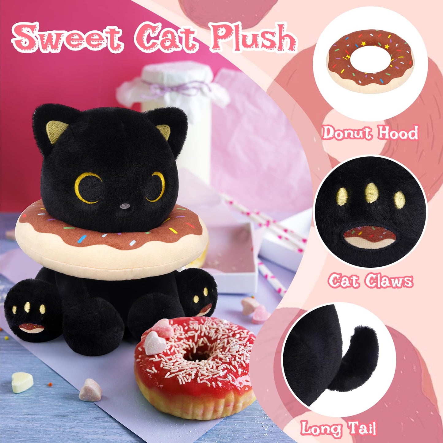 Hagusahuo Black Cat Plush Toy, 8" Cute Stuffed Animal, Polyester, Chocolate Black, Kawaii Gift for Kids & Adults