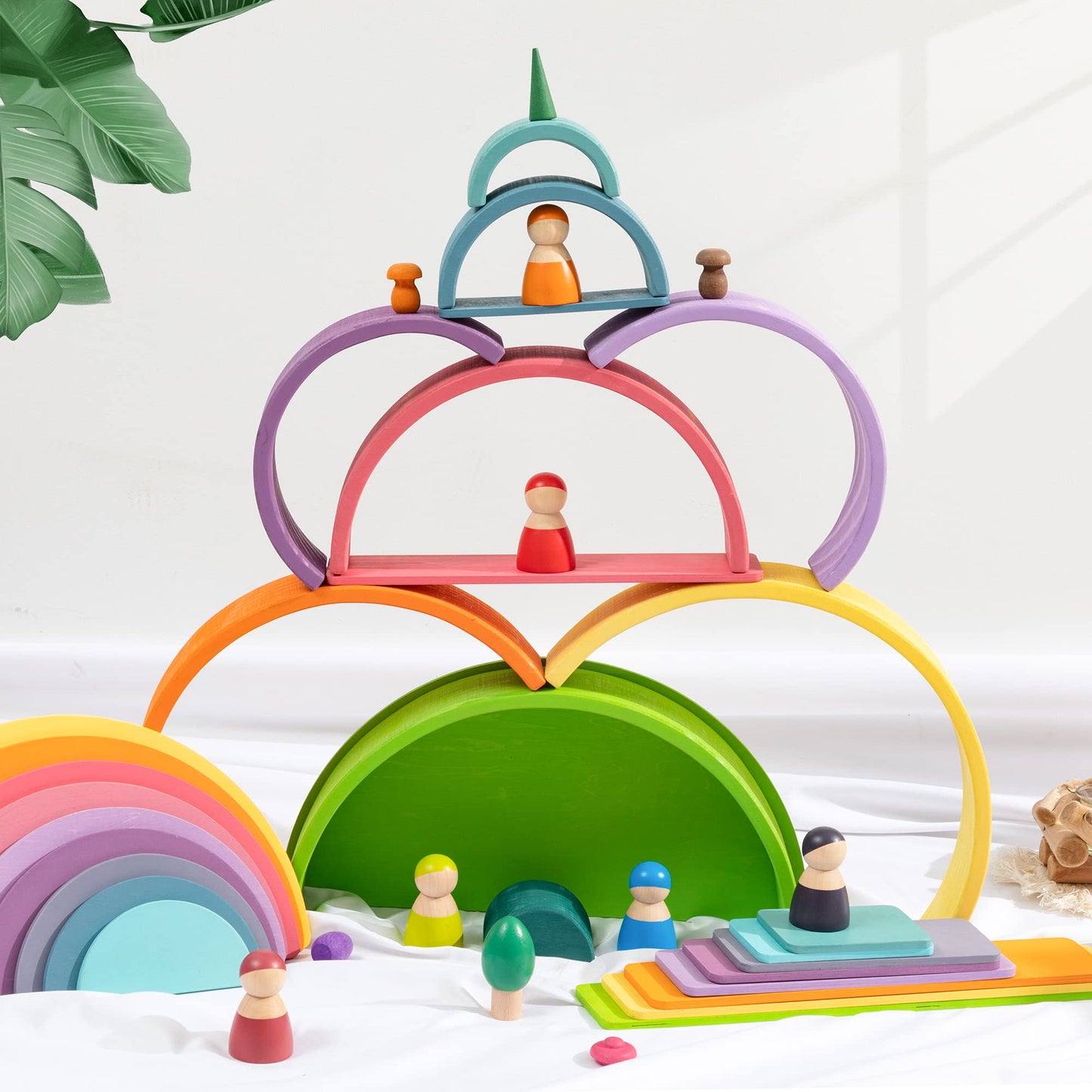Merryheart Wooden Rainbow Stacker Set - Rainbow Stacking Toy Set With Rainbow Stacker, Semicircle, Building Board - Waldorf Wooden Open Ended Stacking Toys - Great For As Gift (Pastel Rainbow-3 Pack)