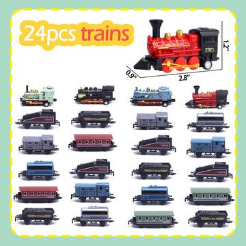 Corper Toys Mini Train Toy Set, 4 Packs (24 Pieces) Pull Back Model Train Playset For 3 4 5 6 Year Old Boys Girls, Diecast Steam Train With Linkable Cars For Birthday Gifts