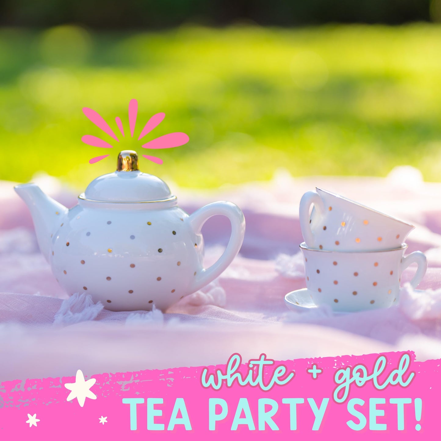 Porcelain Tea Set for Girls - White with Gold Polka Dots Tea Party Set for Kids I Complete Children Tea Sets with Carry Case, Te
