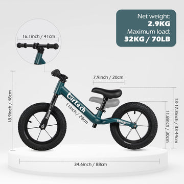 12' Balance Bike For 2, 3, 4, 5, 6 Year Old Boys And Girls, Lightweight Nylon Frame Toddler Training Bike No Pedal Bikes For Kids With Adjustable Seat And Air Tires (Green)