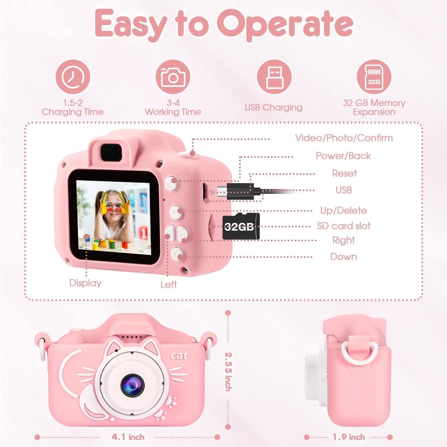 Kids Camera, 2 Lens Selfie Camera For Kids, Hd Video Kids Digital Camera For Girls, 3 4 5 6 7 8 9 Year Old Girl Christmas Birthd