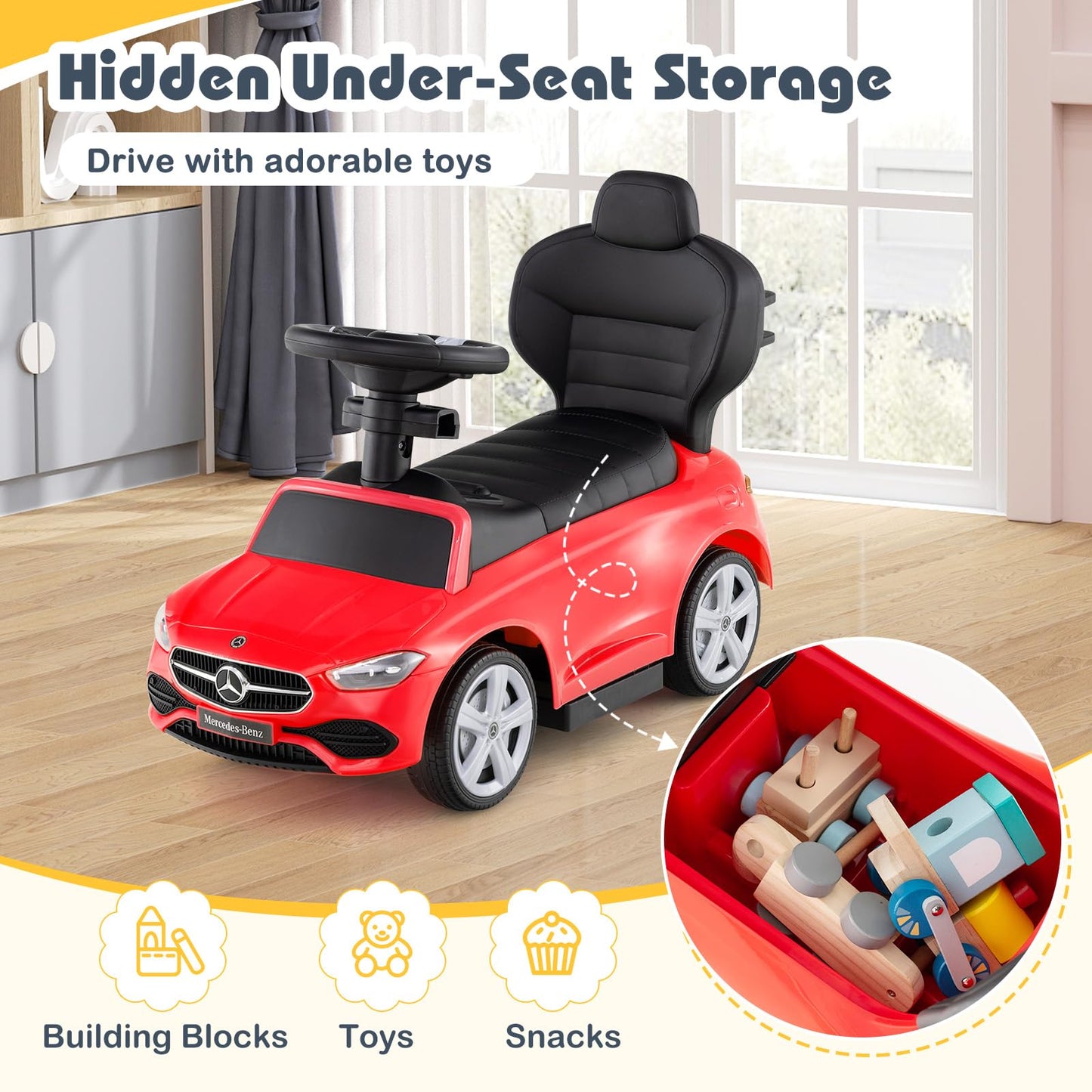 Costzon Push Car for Toddlers  3 in 1 Mercedes Benz Stroller Sliding Walking Car w/Canopy  Handle  Safety Bar  Horn Sound  Underneath Storage  Foot-to-Floor Ride On Toy for Boys & Girls (Red)